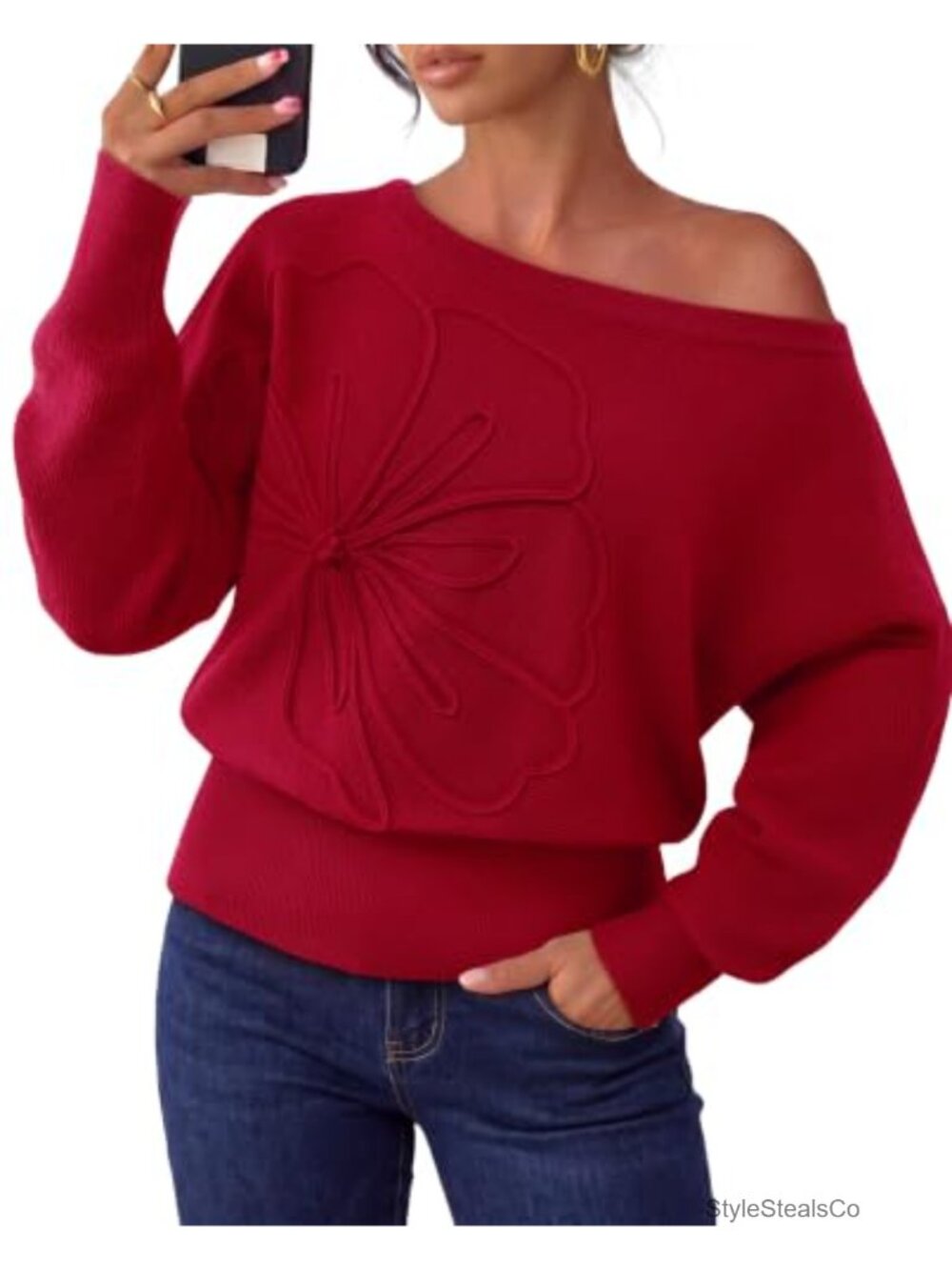 Women's 3D Floral Knit Pullover Sweater Crew Neck Long Sleeve
